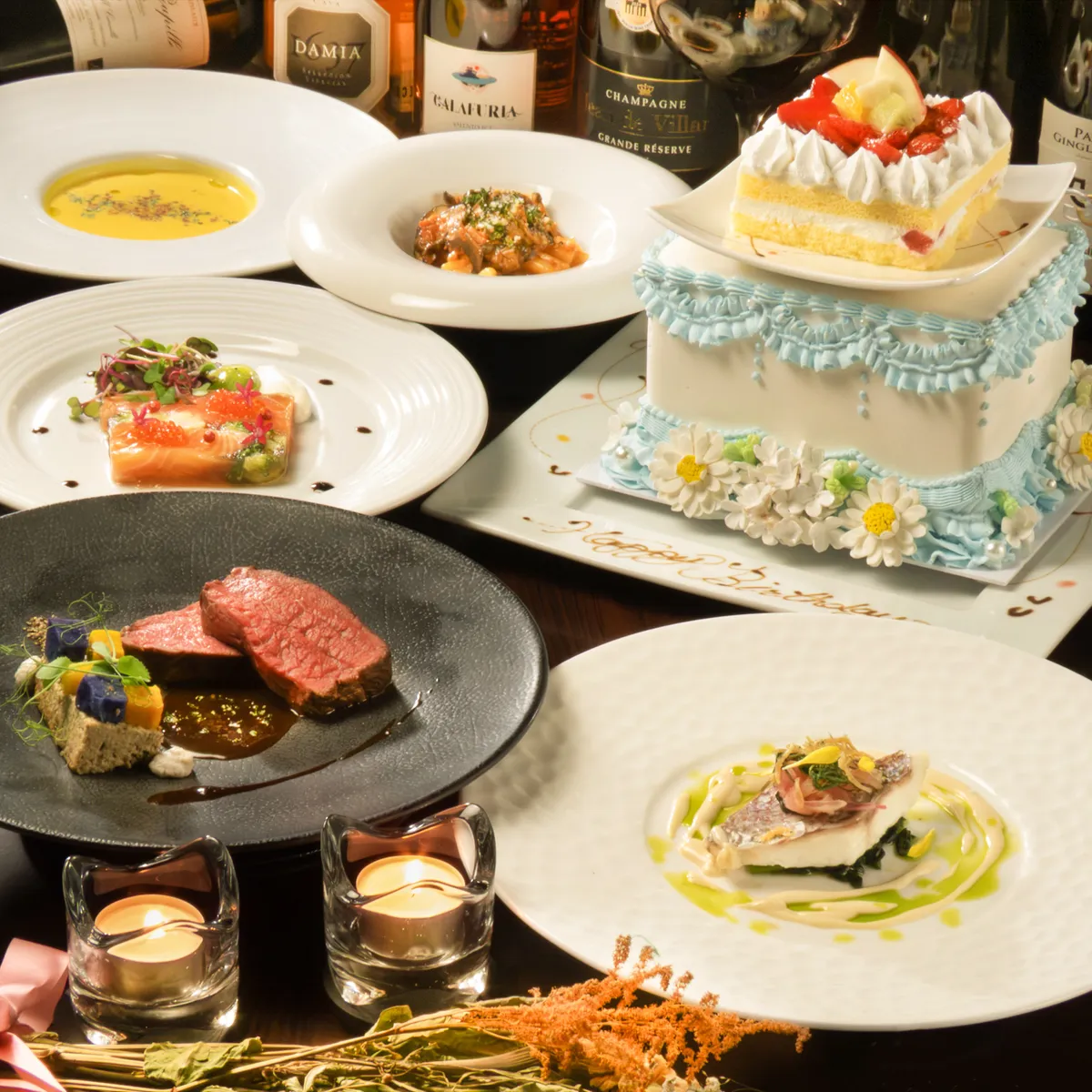 【窓際席確約 Anny限定アニバーサリープラン】《プライム》フレンチ＆イタリアン全8品ディナー＋乾杯ドリンク＋メッセージ付きアニバーサリーケーキ★地上200mから新宿の夜景を一望★の写真 1