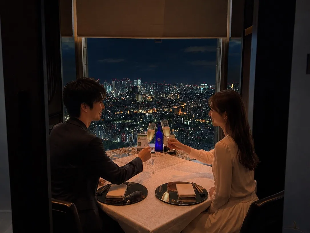 天空の絶景が演出する、忘れられないプロポーズの瞬間 | 【半個室確約/2名~4名★プロポーズプラン】池袋サンシャインの天空レストランで愛を誓う★豪華懐石9品×乾杯シャンパン+メッセージプレート+花束&ワインボトル付き|煌めく絶景とともに
