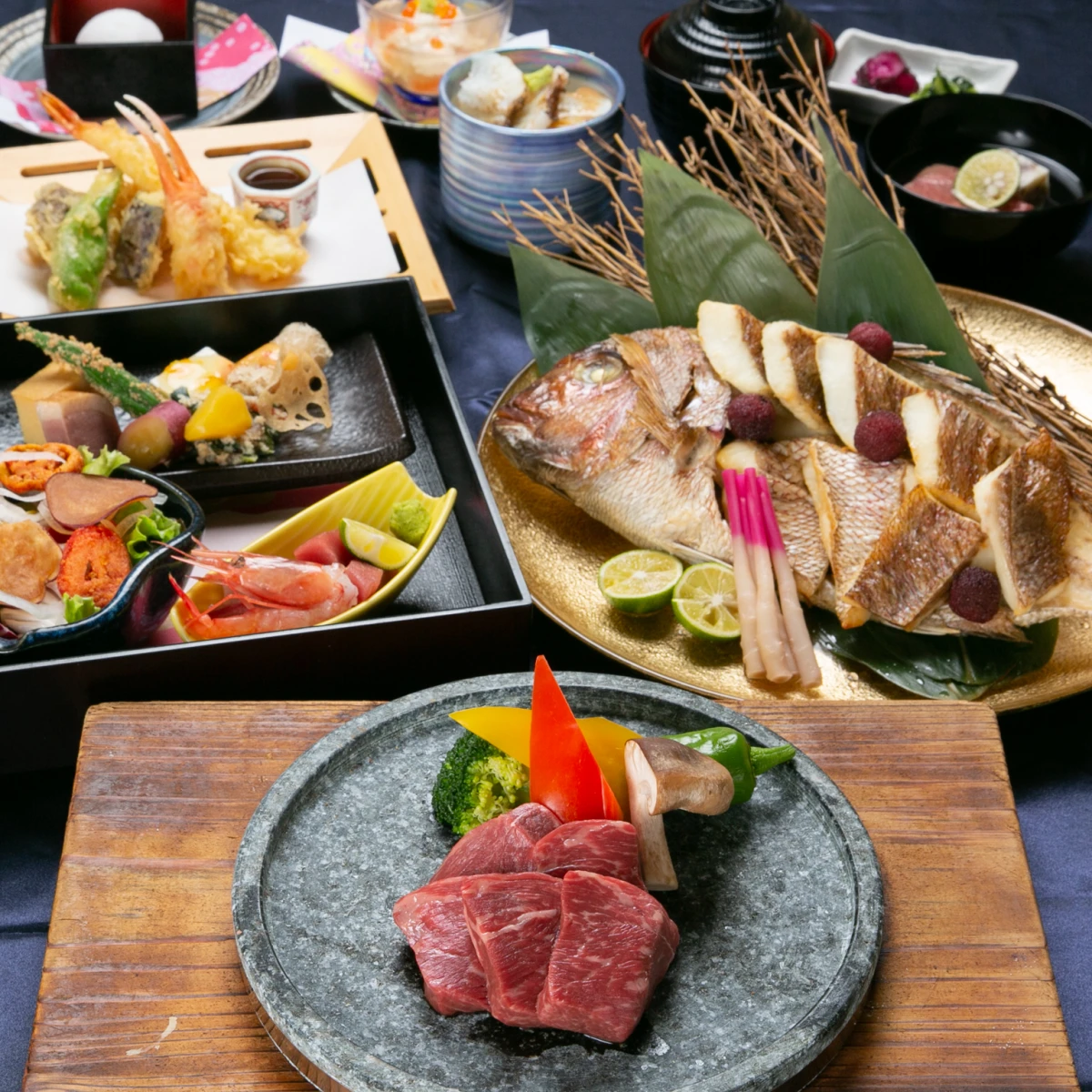 祝鯛の姿焼や黒毛和牛ランプの石焼きを含む祝い膳『雅コース』全9品＋ワンドリンク付き 1