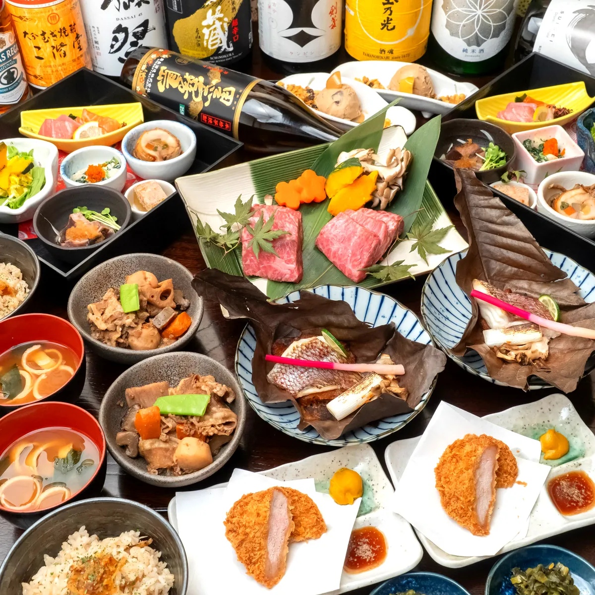 料理長渾身の肉料理が彩る肉割烹懐石 | 【4名～8名/個室確約×地上200mの絶景！/結納・顔合わせ】環コース/本日の焼き魚、造里、和牛もも肉の石焼き等肉割烹懐石全9品＋選べる1ドリンクor2時間飲み放題★各線新宿駅から徒歩5分